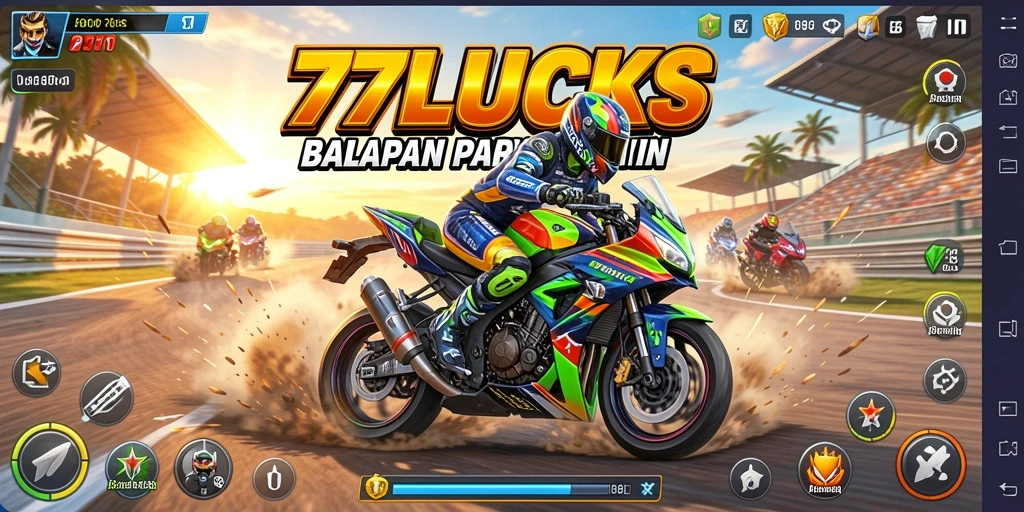 Screenshot gameplay 77LUCKS dengan balapan motor yang mendebarkan.