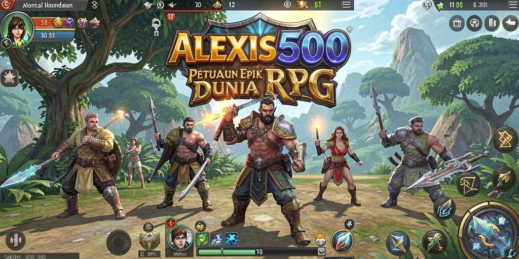 Screenshot gameplay ALEXIS500 menampilkan pertarungan epik dan karakter menawan.