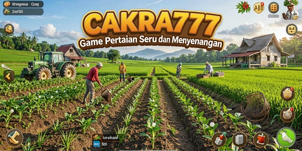 Screenshot gameplay CAKRA777 yang menunjukkan aktivitas bertani dengan tanaman hijau subur.