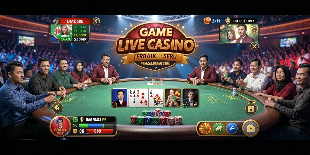 Screenshot gameplay DMD686 menunjukkan suasana kasino yang nyata dan interaksi langsung dengan dealer.