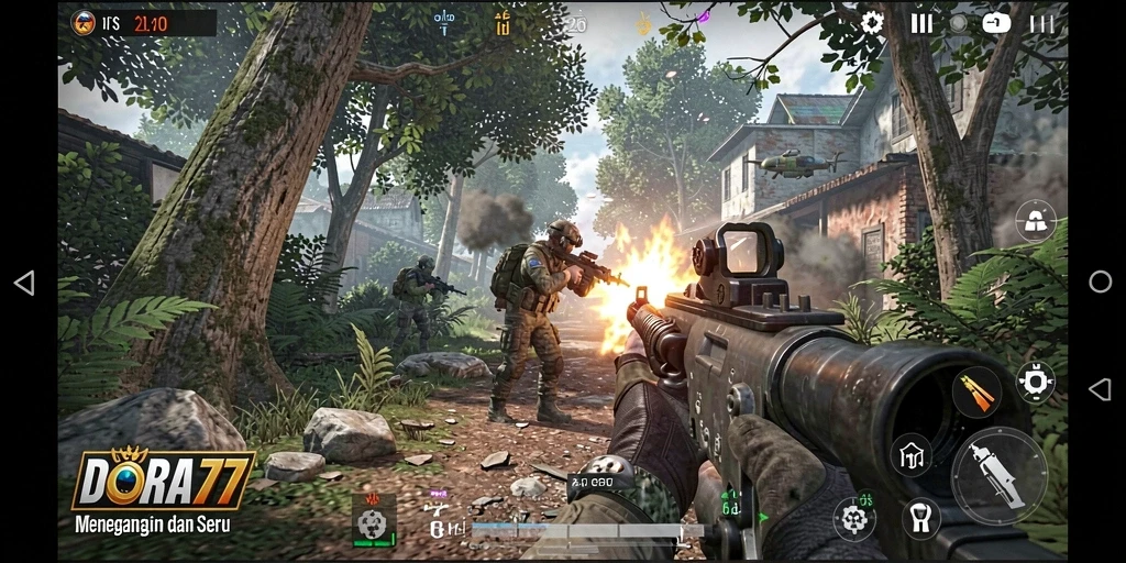Tampilan gameplay intens dengan aksi menembak seru di DORA77.