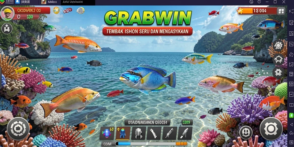 Gameplay seru GRABWIN menampilkan berbagai ikan dan senjata.