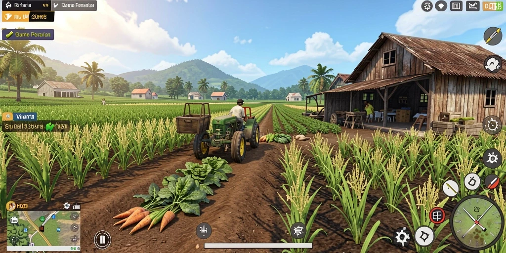 Gameplay HO3 menampilkan ladang hijau yang subur dengan tanaman dan hewan.