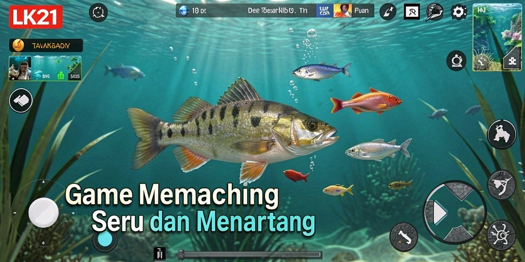 Screenshot utama dari gameplay LK21 yang menampilkan suasana memancing yang seru.