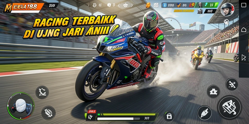 Screenshot MEGA188 menampilkan balapan motor yang seru dan mendebarkan.