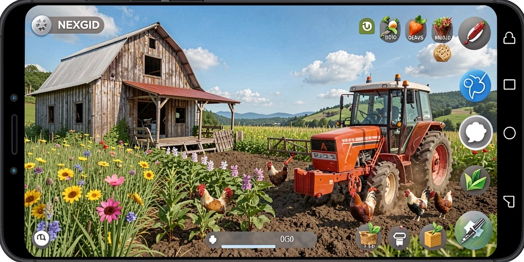 Screenshot NEXGID menampilkan ladang yang subur dan aktivitas bertani.