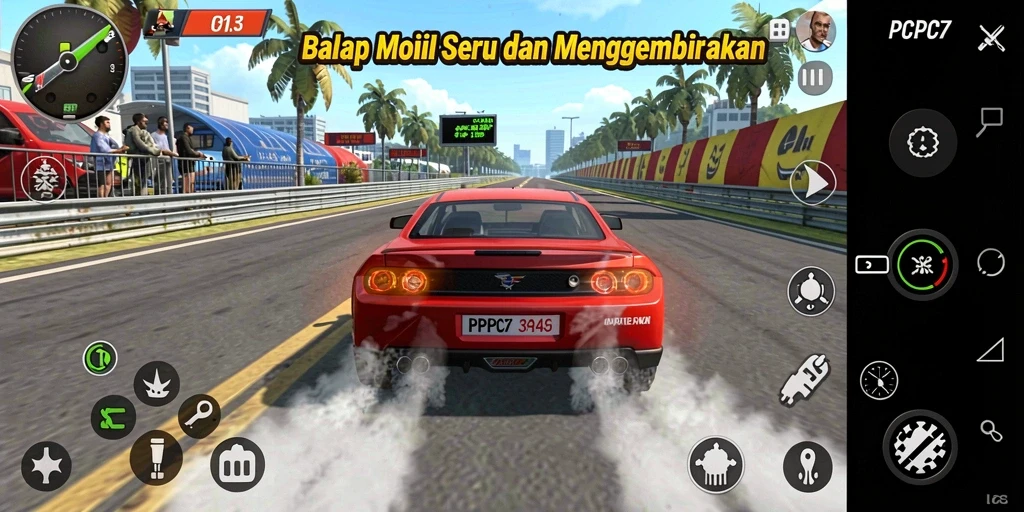 Tangkapan layar gameplay PCPC7 yang penuh aksi balap.