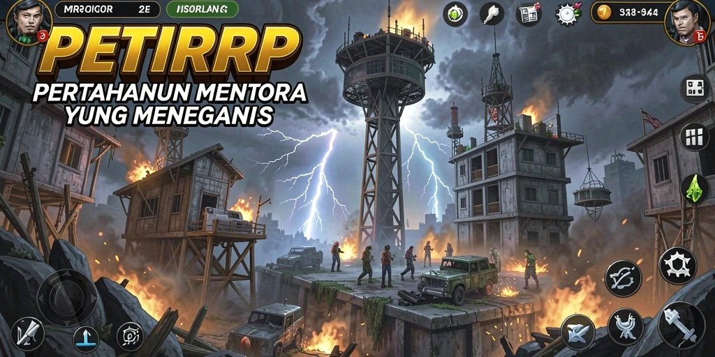 Screenshot permainan PETIRRP yang menampilkan aksi pertahanan menara.