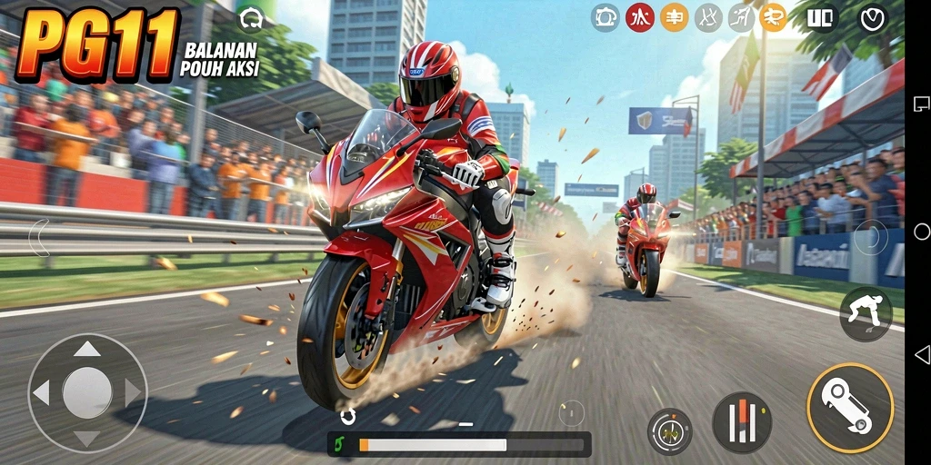 Screenshot PG11 menampilkan balapan motor yang mendebarkan di trek penuh tantangan.