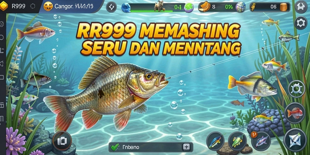 Screenshot gameplay <strong>RR999</strong> memperlihatkan aksi memancing yang seru dan berwarna.