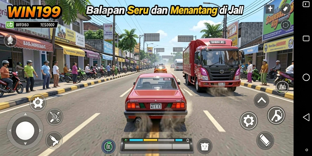 Screenshot gameplay WIN199 menunjukkan aksi balapan yang mendebarkan.